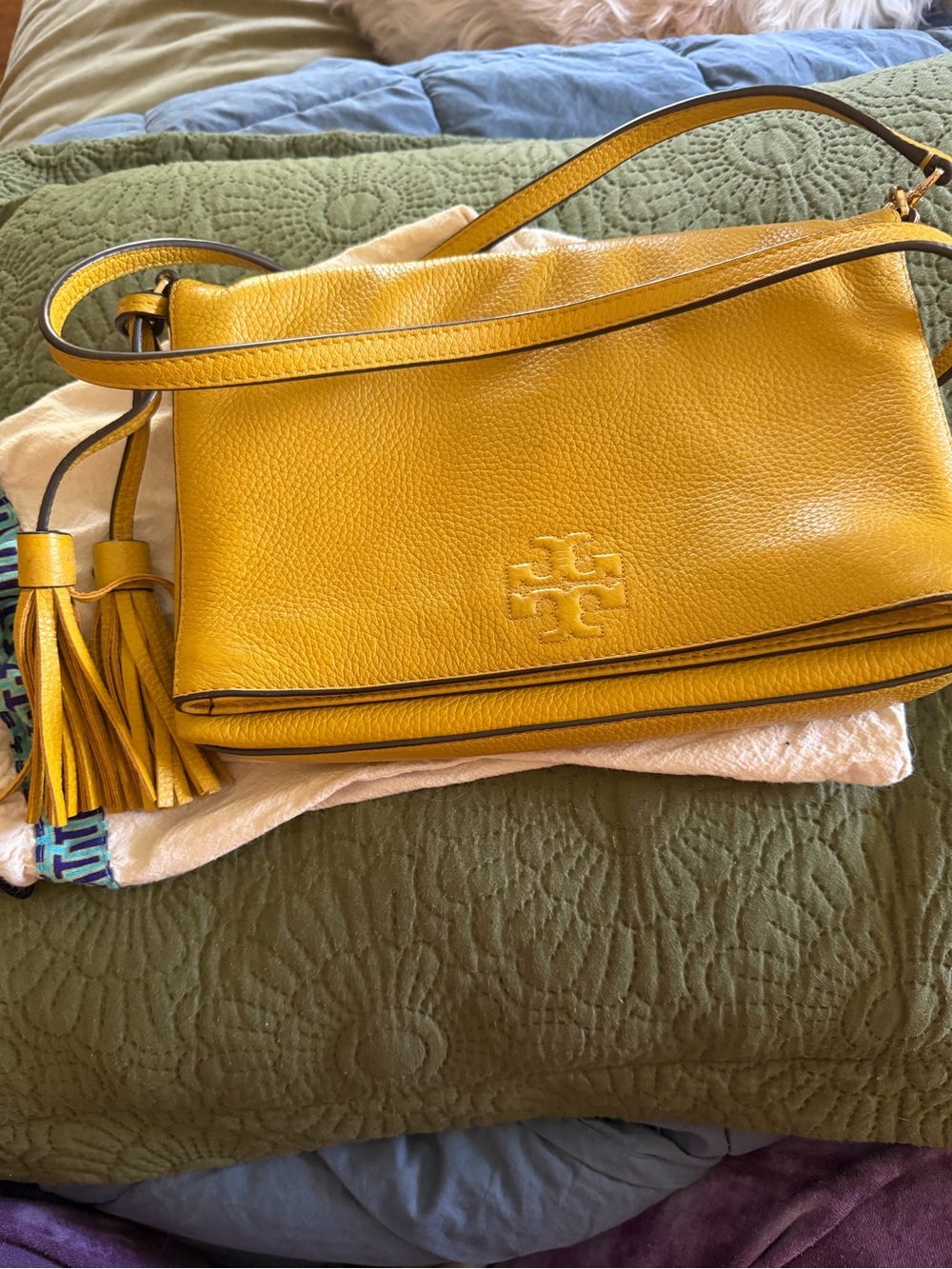 Tory Burch Mustard Pebbled Leather Crossbody with Tassel